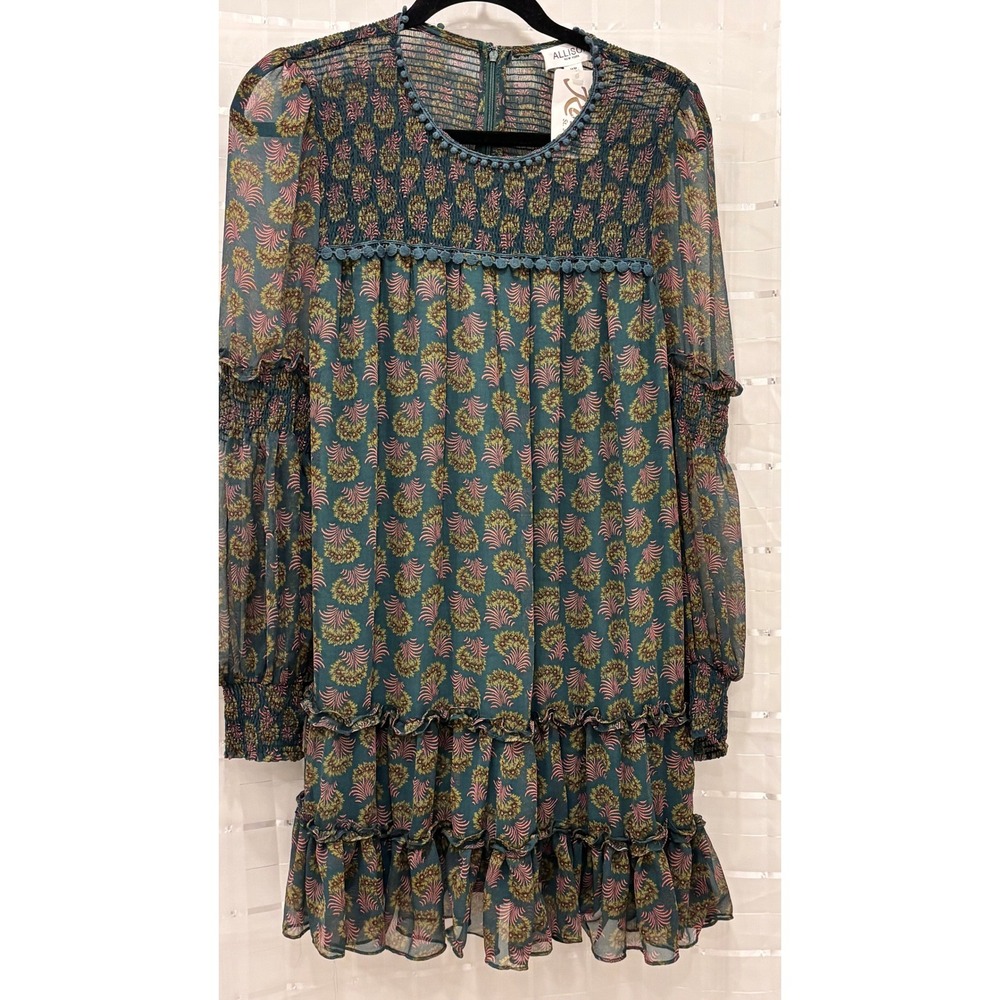 Allison New York Teal Green Palm Print Smocked Tiered Ruffle Mini Dress Medium